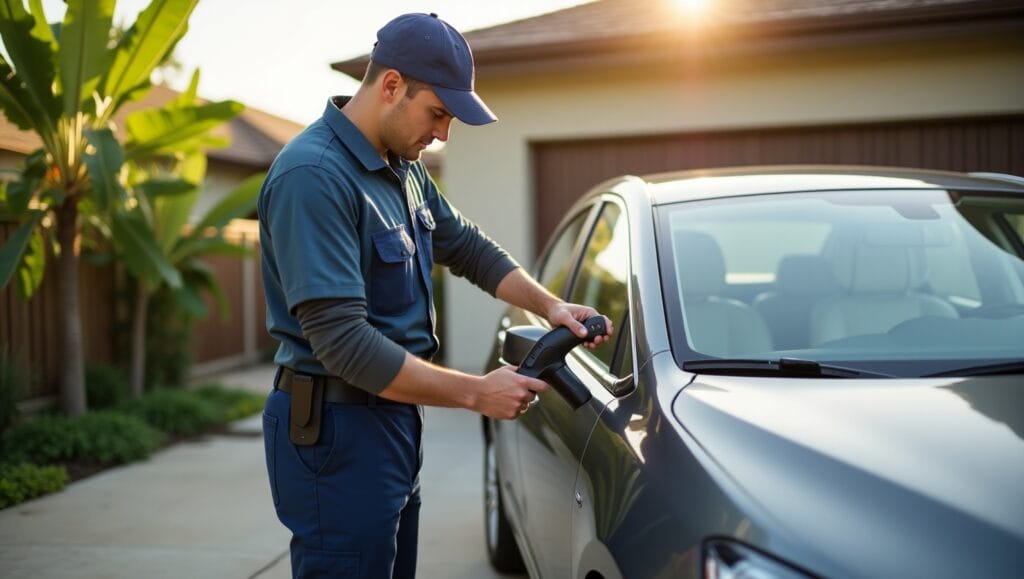 A certified mobile mechanic in a clean uniform working on a hybrid car parked in a sunny Honolulu driveway.