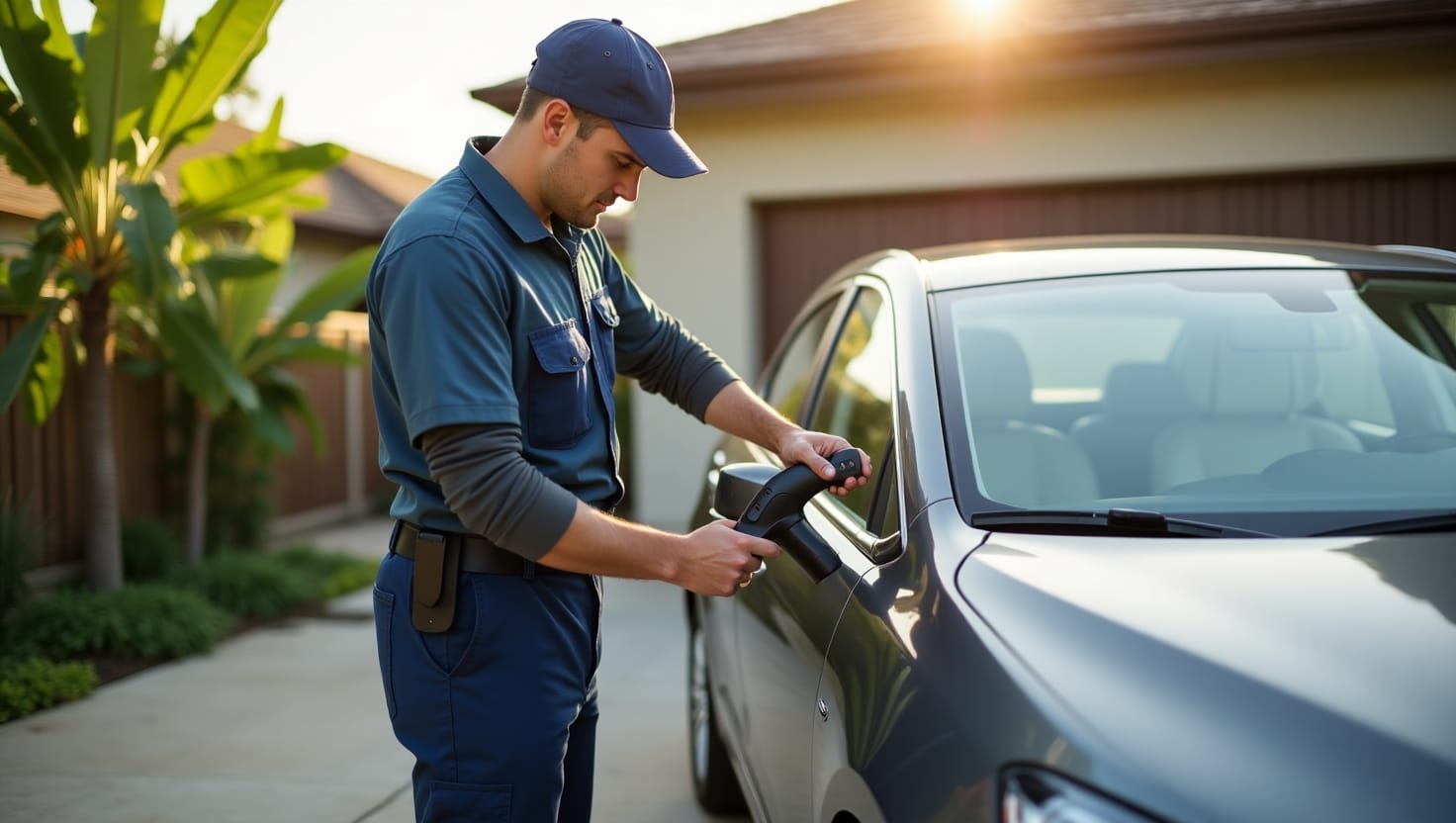A certified mobile mechanic in a clean uniform working on a hybrid car parked in a sunny Honolulu driveway.
