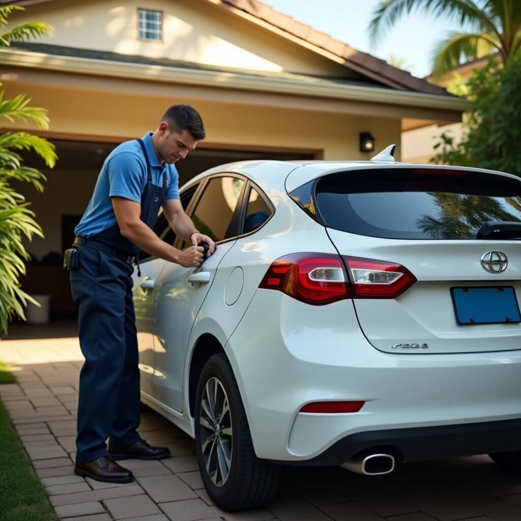 The background includes tropical plants, a residential garage, and the soft glow of Hawaiian sunlight, suggesting convenience, professionalism, and local service.