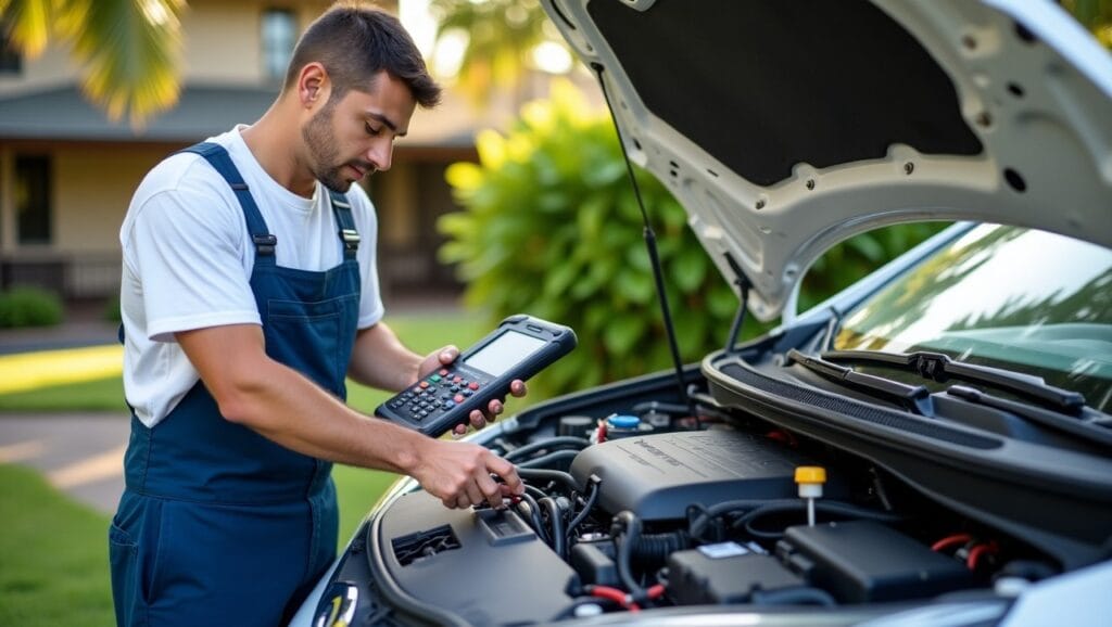 A certified mobile mechanic working on a hybrid vehicle at a residential location in Honolulu.