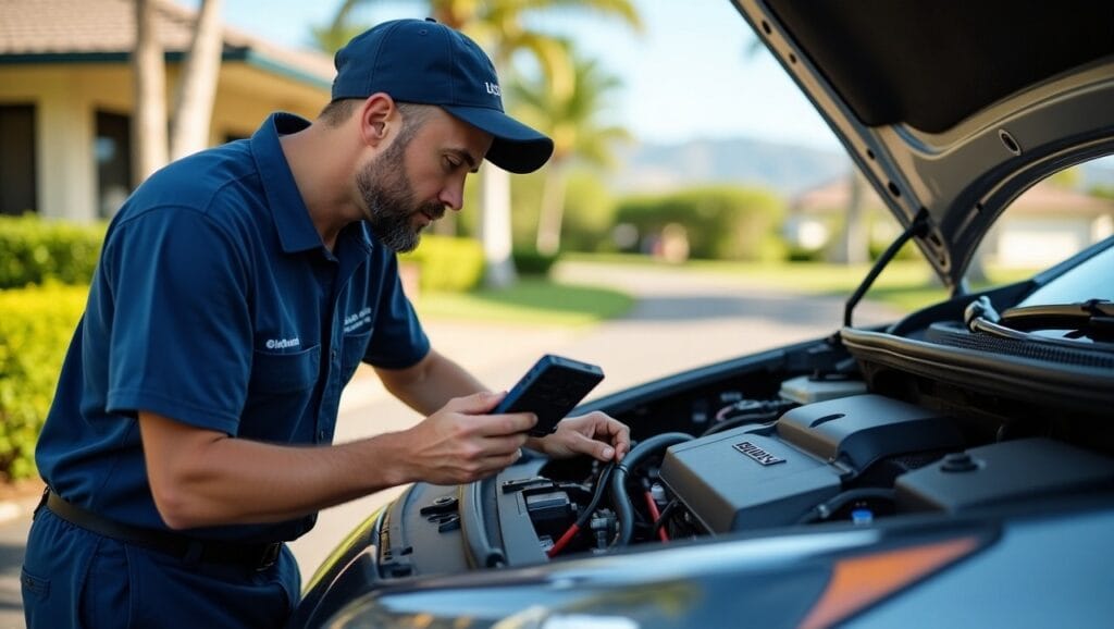 The mechanic is using specialized diagnostic tools, with a clear view of the car's engine and hybrid battery system, surrounded by the tropical scenery of Hawaii.